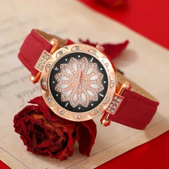 New Red Starry Sky Luxury Leather Strap Rose Gold Sapphire Bracelet Watch Set - Picture 10 of 16